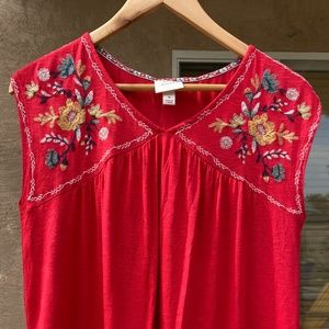 Red Embroidered Blouse V-neck